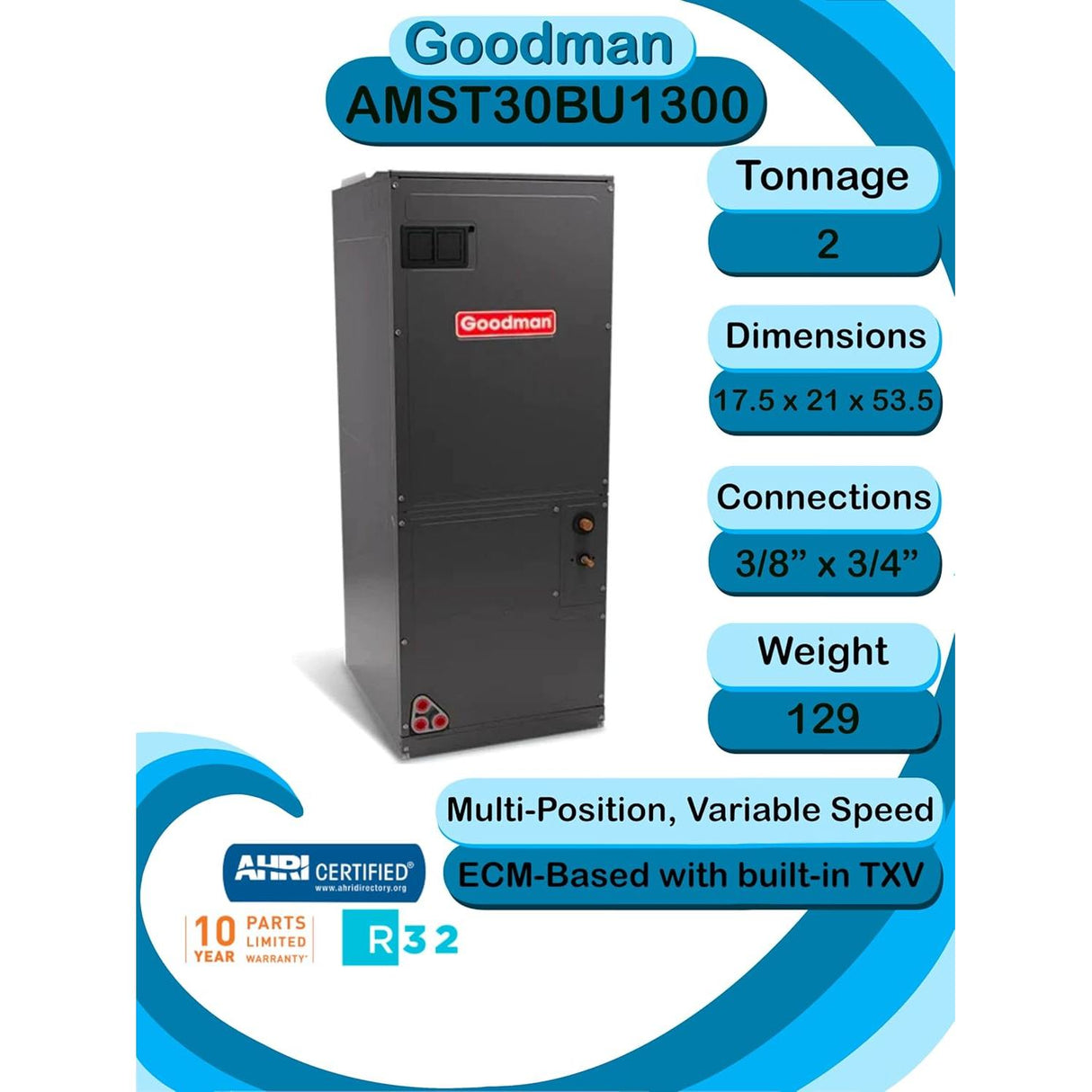 Goodman 1.5 Ton 15.2 SEER2 Multi-Position R-32 Heat Pump System with Air Handler (GLZS4MA1810 Condenser and AMST30BU1300 Air Handler)