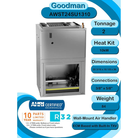 Goodman 2 Ton 14.5 SEER2 R-32 Heat Pump System and Front or Bottom Return Air Handler with 10kW Heat Kit (GLZS4BA2410 Condenser and AWST24SU1310 Wall Mount Air Handler) - GLZS4BA2410 / AWST24SU1310  Mini Split Systems Direct