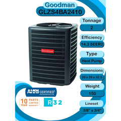 Goodman 2 Ton 14.5 SEER2 R-32 Heat Pump System and Front or Bottom Return Air Handler with 10kW Heat Kit (GLZS4BA2410 Condenser and AWST24SU1310 Wall Mount Air Handler)