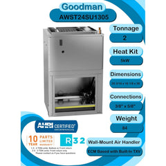 Goodman 2 Ton 14.5 SEER2 R-32 Heat Pump System and Front or Bottom Return Air Handler with 5kW Heat Kit (GLZS4BA2410 Condenser and AWST24SU1305 Wall Mount Air Handler)