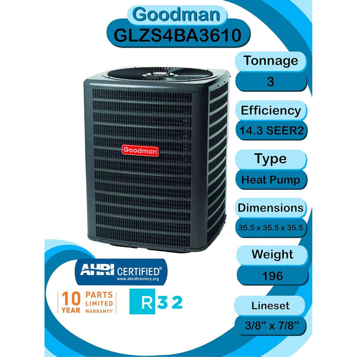 Goodman 3 Ton 14.5 SEER2 R-32 Heat Pump System and Front Return Air Handler with 10kW Heat Kit - GLZS4BA3610 / AWST36LU1310  Mini Split Systems Direct