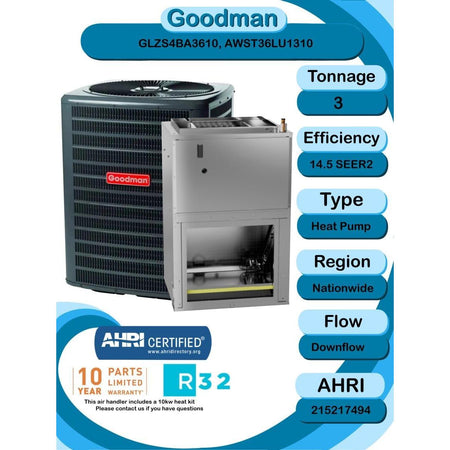 Goodman 3 Ton 14.5 SEER2 R-32 Heat Pump System and Front Return Air Handler with 10kW Heat Kit (GLZS4BA3610 Condenser and AWST36LU1310 Wall Mount Air Handler) - GLZS4BA3610 / AWST36LU1310  Mini Split Systems Direct