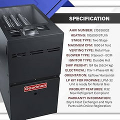 Goodman GR9T800403AX 80% AFUE 40,000 BTUH/H Gas Furnace Multi Speed ECM, Two Stage, Upflow/Horizontal, Low NOx - 14" Width