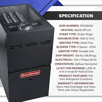 Goodman GR9T800603BX 80% AFUE 60,000 BTUH/H Gas Furnace Multi Speed ECM, Two Stage, Upflow/Horizontal, Low NOx - 17.5" Width