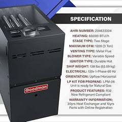 Goodman GR9T800603BX 80% AFUE 60,000 BTUH/H Gas Furnace Multi Speed ECM, Two Stage, Upflow/Horizontal, Low NOx - 17.5" Width