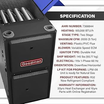 Goodman GR9T800804CN 80% AFUE 80,000 BTUH/H Gas Furnace Multi Speed ECM, Two Stage, Upflow/Horizontal, Non NOx Rated - 21" Width