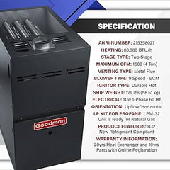 Goodman GR9T800805CN 80% AFUE 80,000 BTUH/H Gas Furnace Multi Speed ECM, Two Stage, Upflow/Horizontal, Non NOx Rated - 21" Width