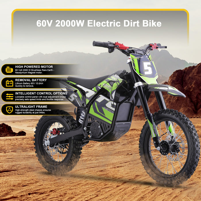 MotoTec 60v 2000w Pro Electric Dirt Bike Lithium Green - MT-Dirt-Pro-2000_Green  Mini Split Systems Direct