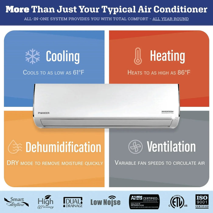 Pioneer® Diamante Pro Series 12,000 BTU 19 SEER2 Ductless Mini-Split Air Conditioner Inverter+ Heat Pump Full Set 230V with 16 Ft. Kit - WYT012GLFI19RL  Mini Split Systems Direct