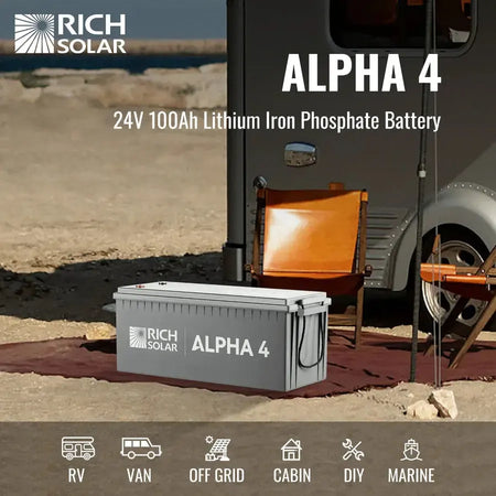 Rich Solar ALPHA 4 | 24V 100Ah LiFePO4 Battery | Powerful 24V Lithium Battery for RVs, Trailers, Vans, Boats, Off-Grid | 5,000 Lifetime Cycles | Bluetooth and Internal Heat Technology - RS-B241S  Mini Split Systems Direct