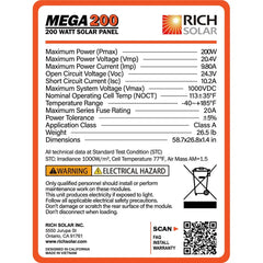 Rich Solar MEGA 200 | 200 Watt Solar Panel | Premier 12V Off-Grid Solar Panel for RVs Cabins, Boats | 25-Year Output Warranty | UL Certified