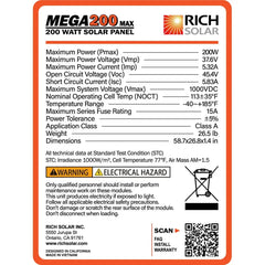 Rich Solar MEGA 200 MAX | 200 Watt 24 Volt Solar Panel | Premium 24V Off-Grid Solar Panel for RVs, Trailers, Cabins | 25-Year Output Warranty | UL Certified