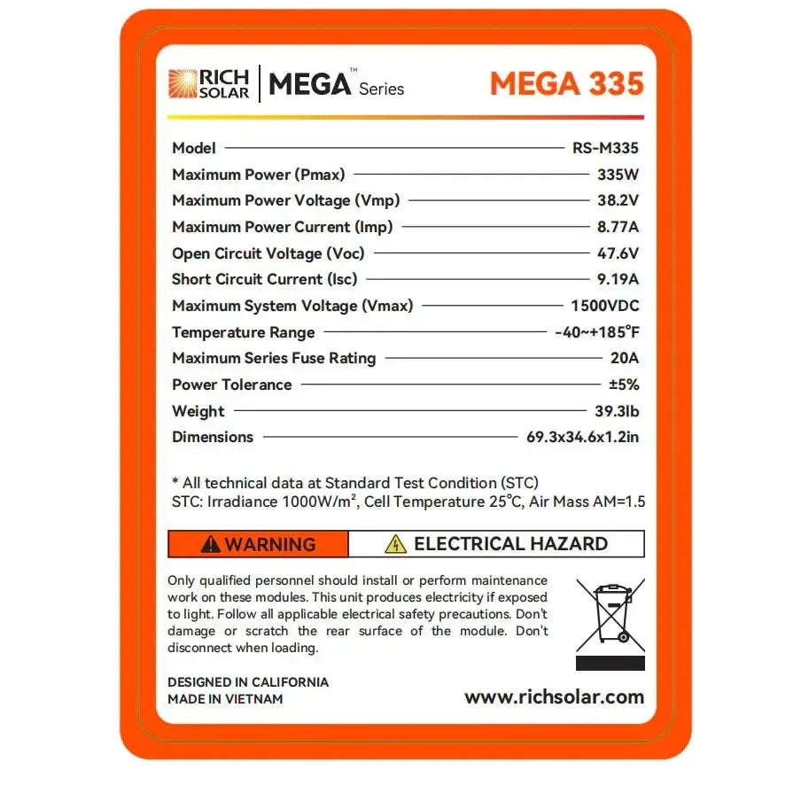 Rich Solar MEGA 335 Watt Panel | Premium Grid-Tie & Off-Grid Options - RS-M335-8-RS-M335-10-RS-M335-12  Mini Split Systems Direct