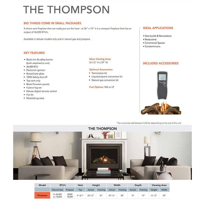 Sierra Flame THOMPSON 36" Liquid Propane Direct vent fireplace - THOMPSON-36-DELUXE-LP  Mini Split Systems Direct
