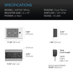 AC Infinity AIRTAP T6, Quiet Register Booster Fan System, White, for 6” X 10” Registers