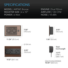 AC Infinity AIRTAP T6, Quiet Register Booster Fan System, Bronze, for 6” X 10” Registers