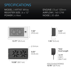 AC Infinity AIRTAP T6, Quiet Register Booster Fan System, White, for 6” X 12” Registers