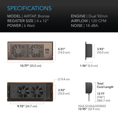 AC Infinity AIRTAP T4, Quiet Register Booster Fan System, Brown Bronze, for 4” X 12” Registers