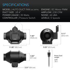 AC Infinity Automatic Booster Duct Fan, Inline Fan With Pressure Switch, 4-Inch