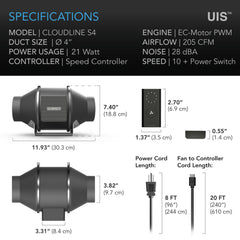 AC Infinity CLOUDLINE PRO S4, Quiet Inline Duct Fan System With Speed Controller, 4-Inch