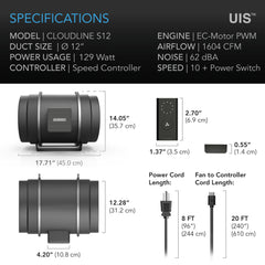 AC Infinity CLOUDLINE PRO S12, Quiet Inline Duct Fan System With Speed Controller, 12-Inch