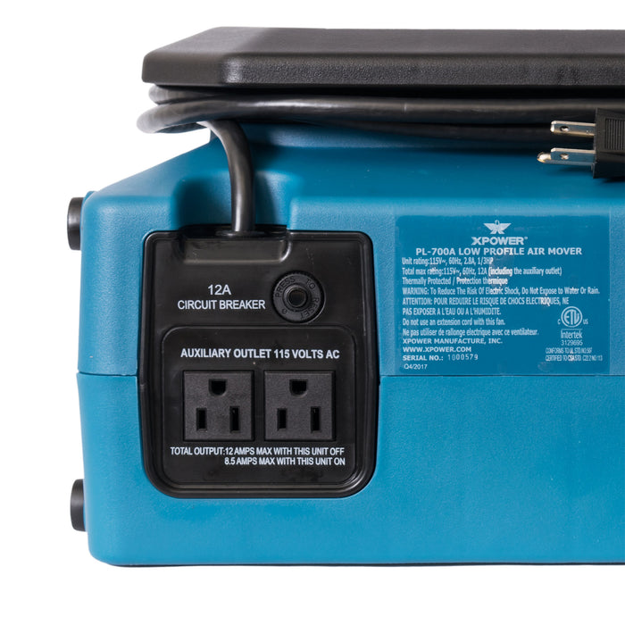 XPOWER PL-700A 1/3 HP 1050 CFM 3 Speed Low Profile Air Mover, Floor Fan, Carpet Dryer with Built-in Power Outlets - PL-700A-Blue-PL-700A-Red  Mini Split Systems Direct