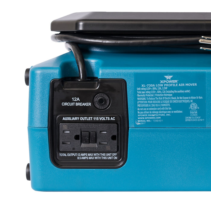 XPOWER XL-730A 1/3 HP 1150 CFM 5 Speed Sealed Motor Low Profile Air Mover, Floor Fan, Carpet Dryer with Built-in GFCI Power Outlets - XL-730A  Mini Split Systems Direct