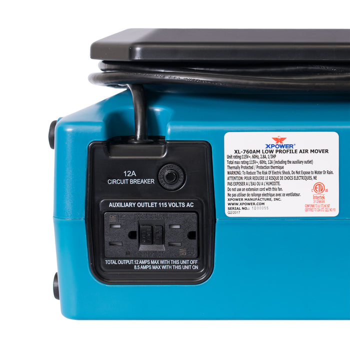 XPOWER XL-760AM 1/3 HP 1150 CFM Sealed Motor Low Profile Air Mover, Floor Fan, Carpet Dryer with Built-in GFCI Power Outlets and Hour Meter - XL-760AM  Mini Split Systems Direct