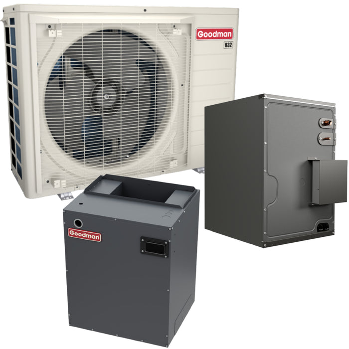 Goodman 1.5 Ton 19 SEER2 R-32 Central Heat Pump Split System with Evaporator Coil & Modular Blower | GZV6SA1810A | CAPEA3022C3 | MBVK16CP1X00 | 21" Upflow/Downflow Coil | 21" Multi-Positional Modular Blower
