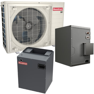Goodman 1.5 Ton 19 SEER2 R-32 Central Heat Pump Split System with Evaporator Coil & Modular Blower | GZV6SA1810A | CAPEA2418B3 | MBVK12BP1X00 | 21