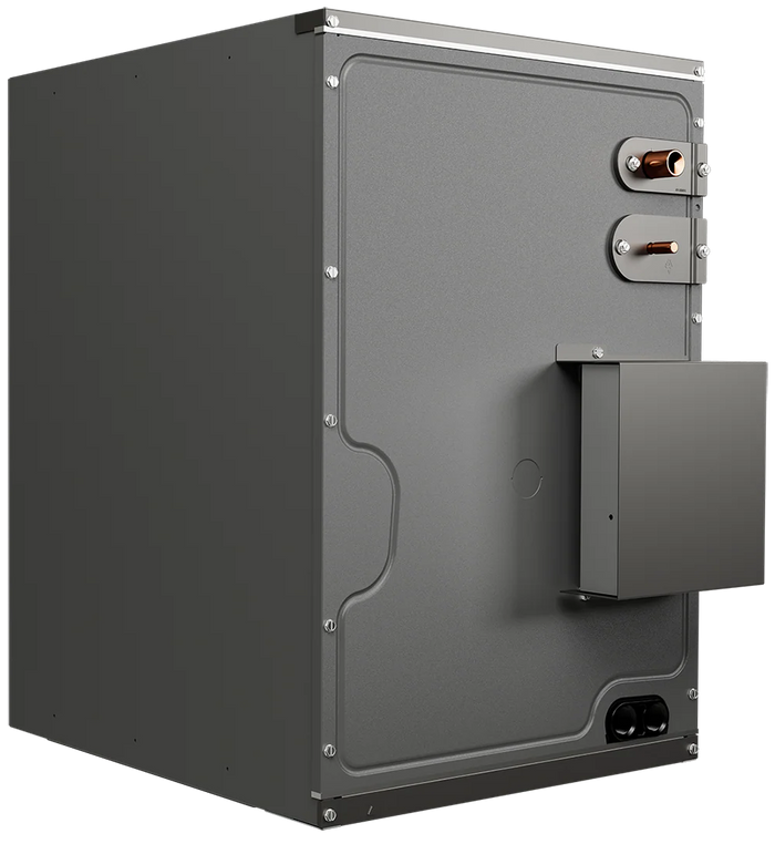 Goodman 5 Ton 16.6 SEER2 R-32 Central Heat Pump Split System with Evaporator Coil & Modular Blower, gray metal enclosure with rectangular base and flat top, featuring a door with handle and latch.