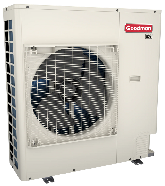 Goodman 5 Ton 16.6 SEER2 R-32 Central Heat Pump Split System with Evaporator Coil & Modular Blower, a white unit with metal grill fan and Goodman label on a rectangular shape