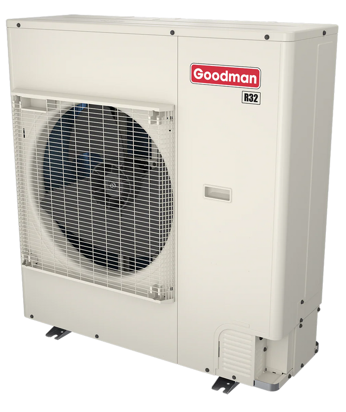 Goodman 5 Ton 16.6 SEER2 R-32 Central Heat Pump Split System with Evaporator Coil & Modular Blower, white unit with red label and metal fan on a rectangular base