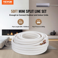 VEVOR 50FT Mini Split Line Set, 1/4" & 3/8" O.D Copper Pipes Tubing and Triple-Layer Insulation, for Mini Split Air Conditioning Refrigerant or Heating Pump Equipment & HVAC with Wrapping Strips.