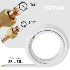 VEVOR Mini Split Copper Line Set 25 ft Length, 1/4" & 1/2" OD Copper Pipes for Mini Split Air Conditioner, Flared Copper Lines White Mini Split Line Set for Heat Pump System Line Set